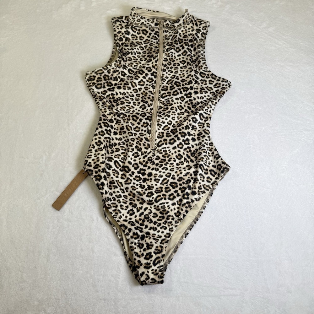 NWT SKIMS Signature Swim Zip Front Sleeveless 1 Piece Champagne Leopard Print M - Picture 4 of 11